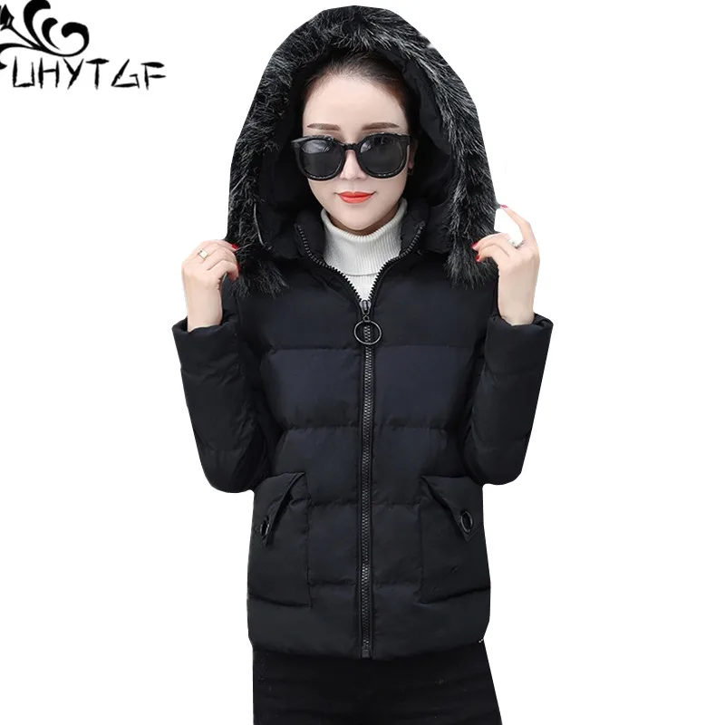 

UHYTGF Parka Womens Winter Jacket Short Outerwear Fashion Down Jacket Warm Top Fur collar Hooded Slim Down cotton Coat M-4XL 932