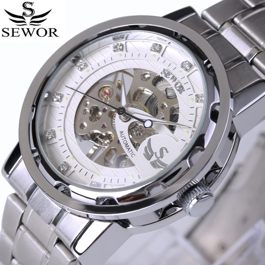 

2017 New Fashion Men Skeleton Watches SEWOR Top Brand Luxury Sport Full Steel Mechanical Hand Wind Watch Gift Boxes montre homme