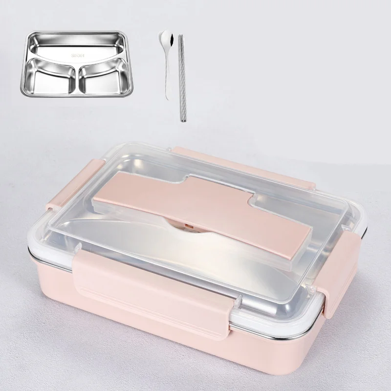 304 нержавеющая сталь металл Bento Box японский стиль дети офис Ланчбокс Тепловой Мужская детская коробка для завтрака сумка набор контейнер для еды - Цвет: 3 Grid Pink