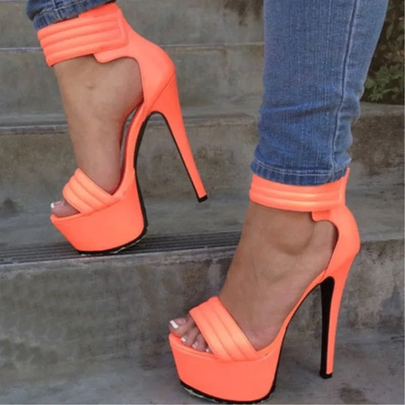 

SHOFOO shoes,Simple fashion women's shoes, orange red PU, magic stick strap, about 14.5 cm high heel sandals, women's sandals.