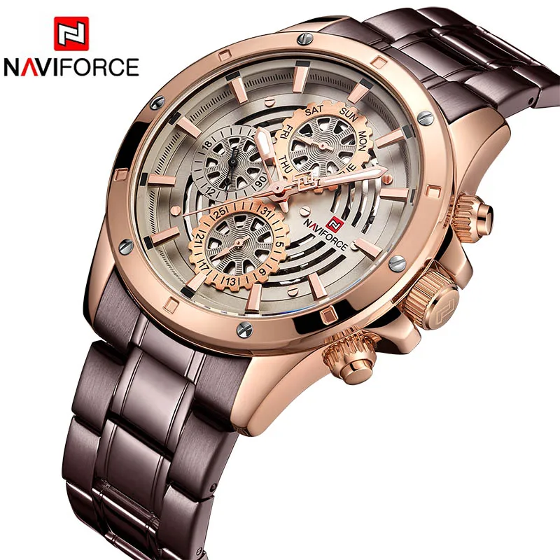Brown Gold NAVIFORCE часы Для мужчин часы Нержавеющая сталь хронограф Бизнес Для мужчин наручные часы военные кварцевые часы Для мужчин Элитный бренд - Цвет: Brown Gold