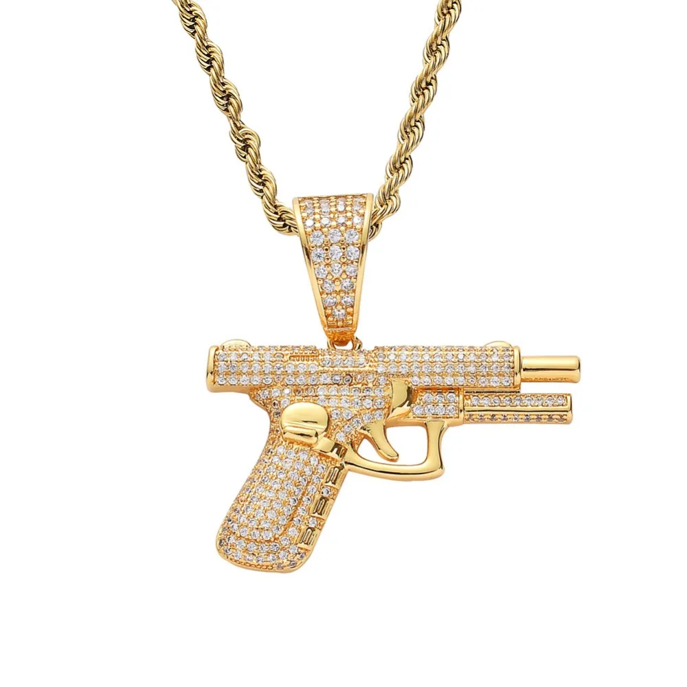 Микро проложили AAA кубического циркония Bling Iced Out автоматический пистолет кулоны с оружием ожерелье для мужчин хип хоп рэппер ювелирные изделия золото серебро