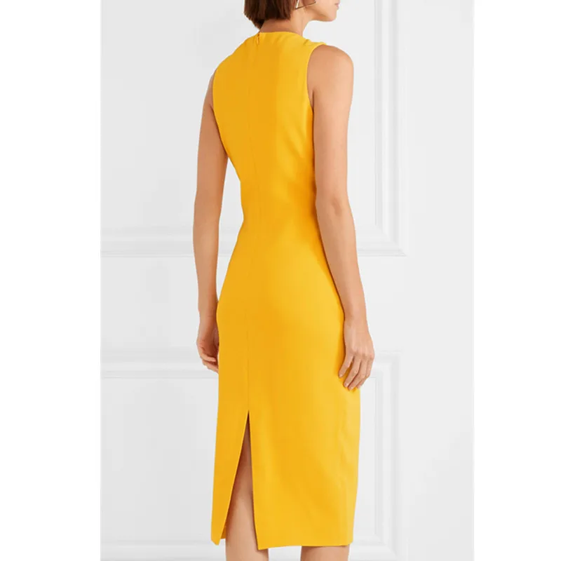 Женское офисное платье карандаш без рукавов элегантное однотонное желтое