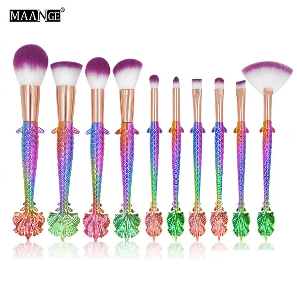 10PCS Purple 10 шт. прекрасные кисти для макияжа русалки набор рыбий хвост основа порошок контур теней для век Смешивание Косметические кисти профессиональные кисти для макияжа - Handle Color: 10PCS Purple