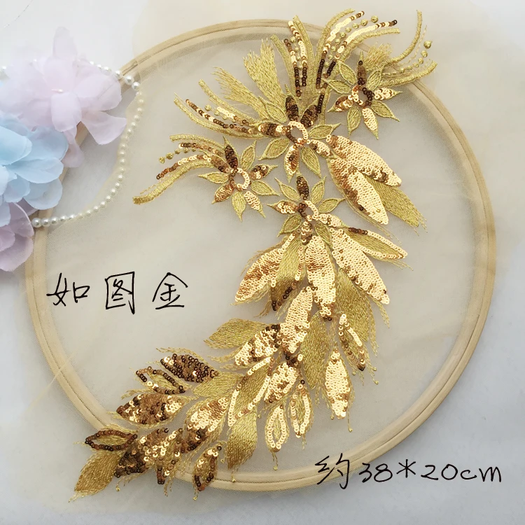 2 шт. 38*22 см красный золотой синий блесток цветок Вышивка Кружева Аппликация DIY