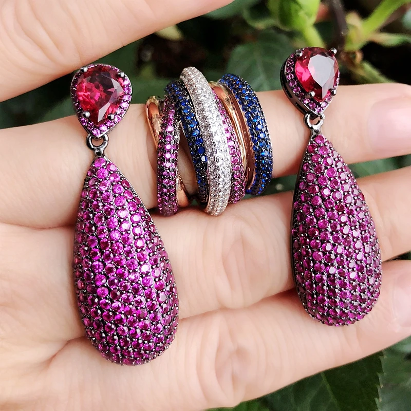 Большие висячие серьги с покрытием из фиолетового и красного циркония класса ААА