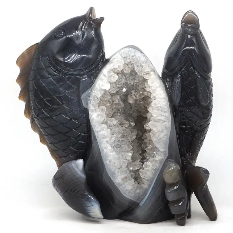 6 7 &quotСтатуэтка рыбы из натурального камня серый Агат Geode с украшением в виде