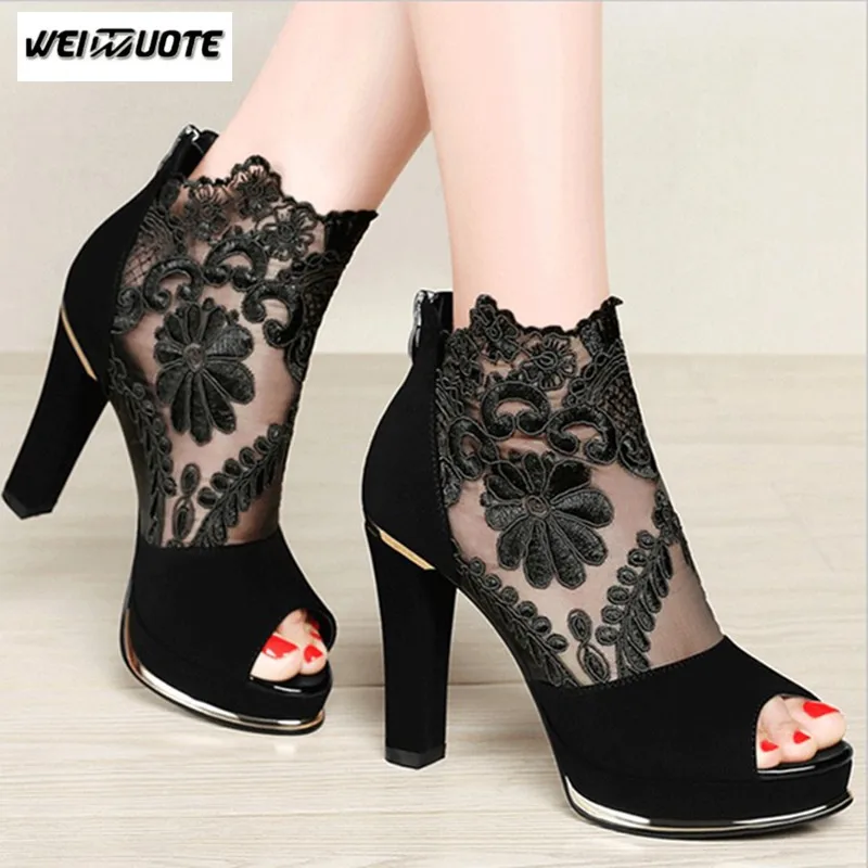 WEINUOTE Women Sandals New High-heeled Shoes Coarse Gauze Lace Fish Mouth Sexy Peep Toe | Обувь