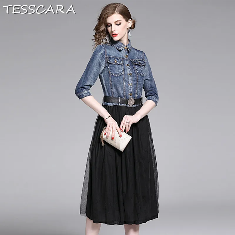 Женское джинсовое платье рубашка TESSCARA длинное повседневное дизайнерское Из