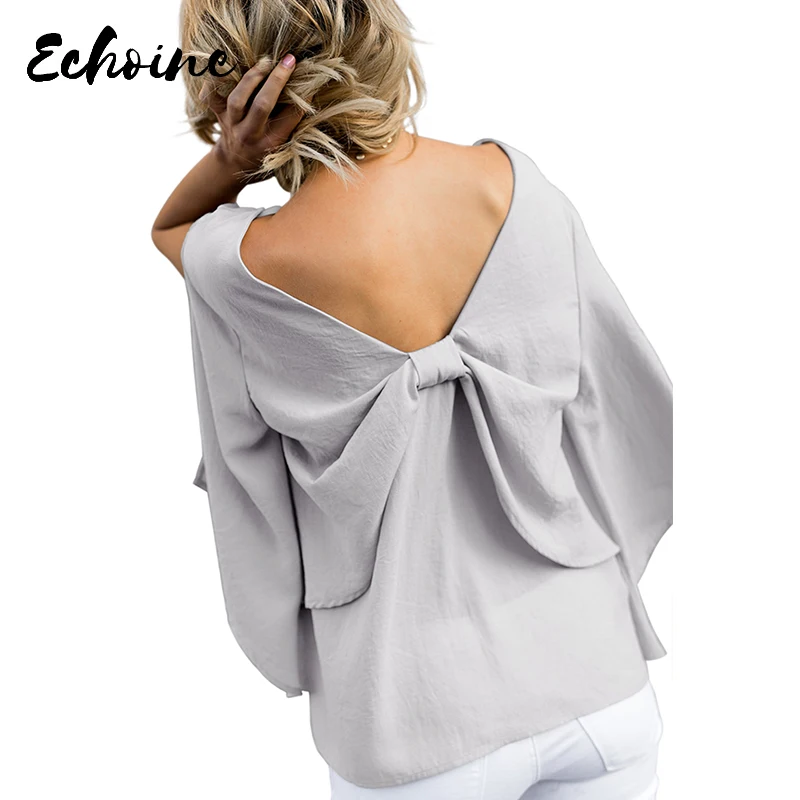 Echoine Gray/Black V-Neck Bowknot Three-Quarter Ruffle Sleeve Blouse Women Summer Formal Office Plus Size 2XL Tops |