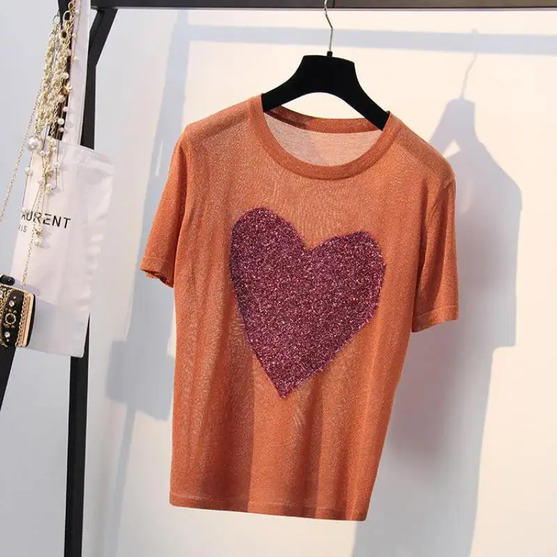 Heart Embroidery Women Sweaters Ice Cool Rayon Woman Pullovers 2019 Thin Knitting Tops O-neck Short Sleeve Tees White | Женская одежда
