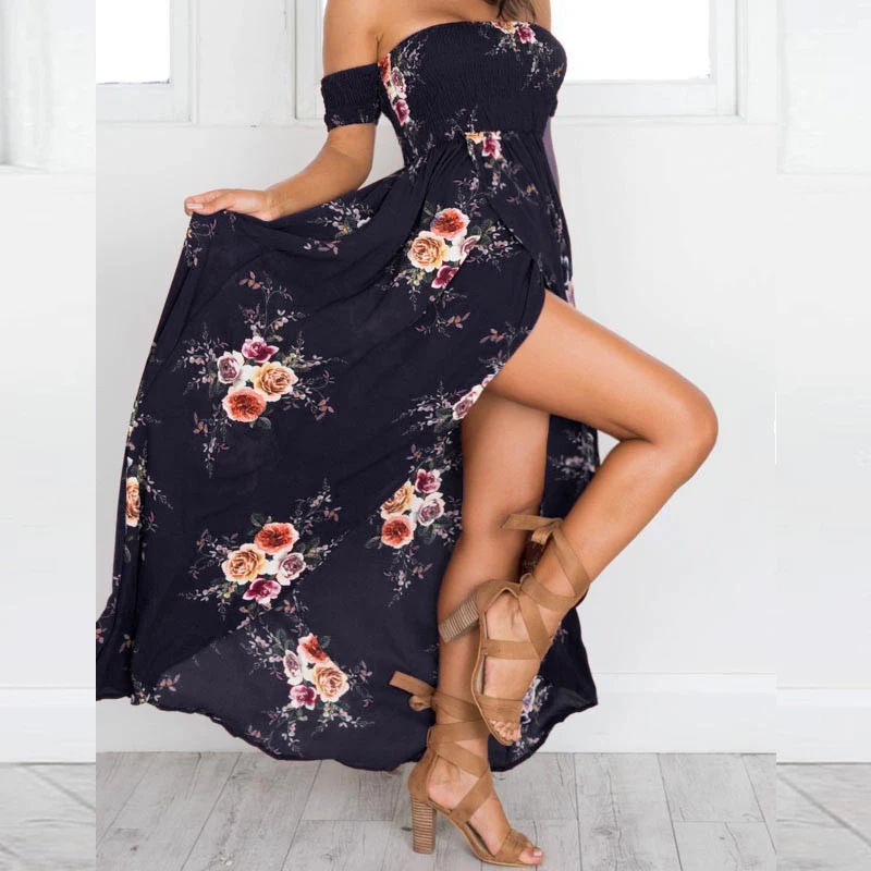 Женское длинное платье ELSVIOS пляжное с цветочным принтом и вырезом лодочкой 2018 |