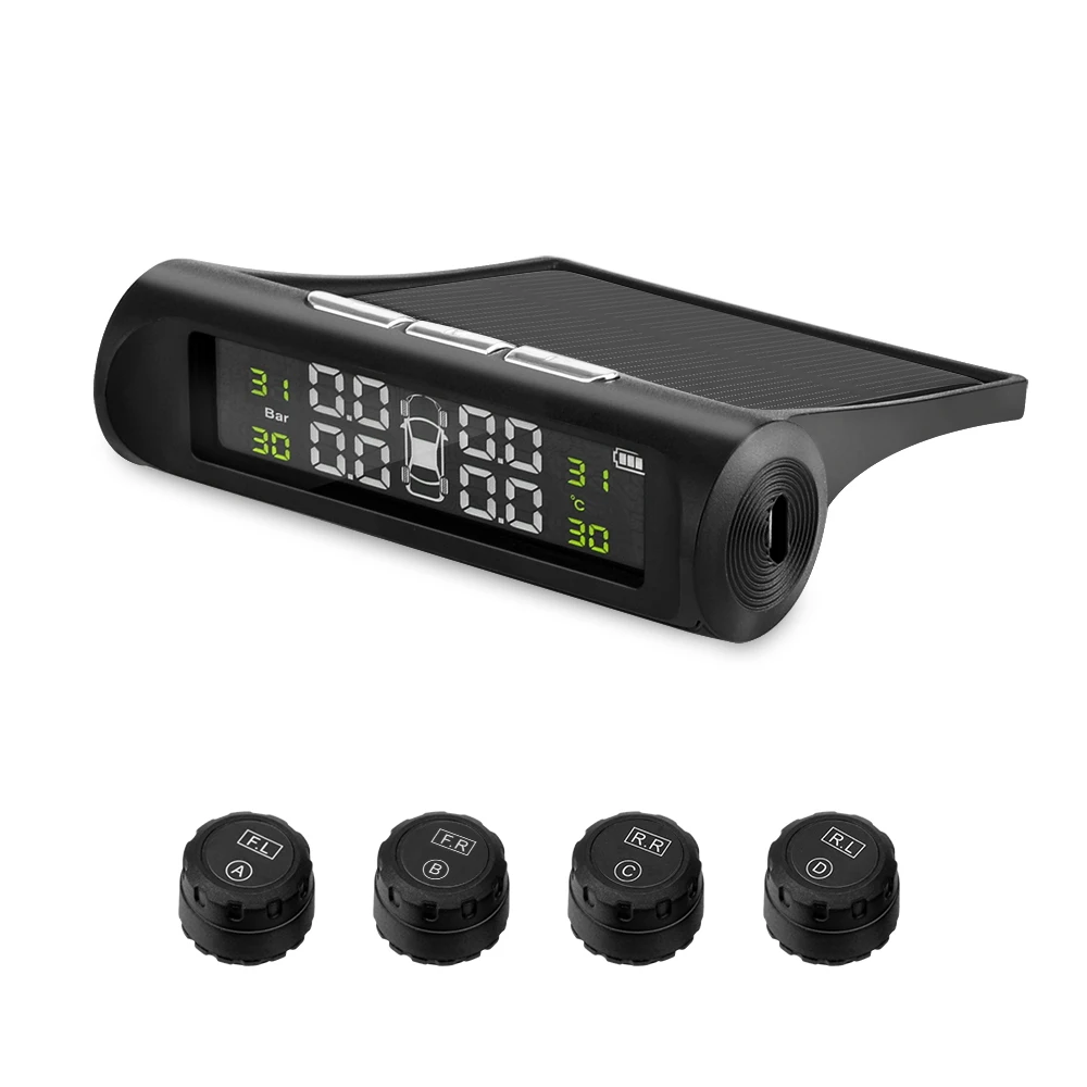 Солнечная мощность TPMS автомобильная система контроля давления в шинах Беспроводная ЖК-дисплей Автомобильный 4 внешних датчика Температурная сигнализация