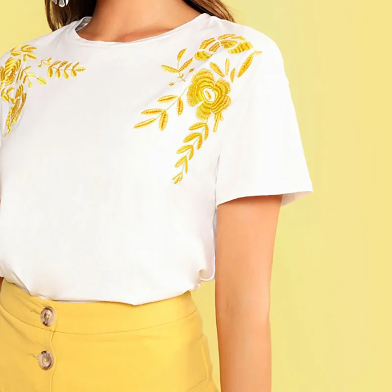 Dotfashion, белая Цветочная вышивка, женская футболка, лето, повседневные топы, короткий рукав, одежда для девушек, корейская мода, футболка