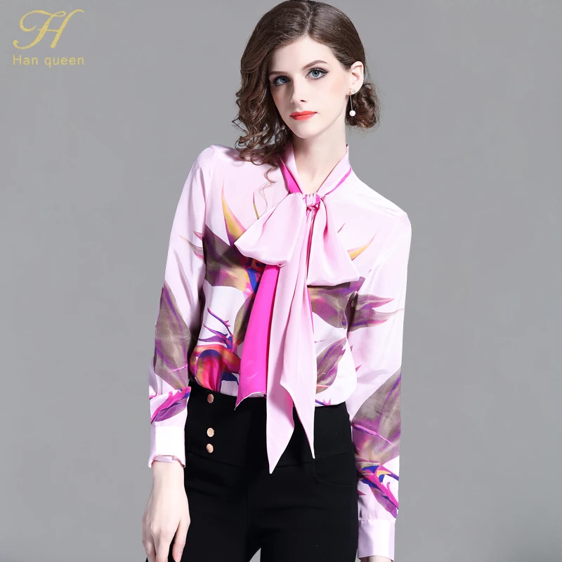 pink H Han queen для женщин блузки для малышек свободные с длинным рукавом Шифоновая Блузка бантом Топы корректирующие повседневное Винтаж рубашка - Цвет: pink