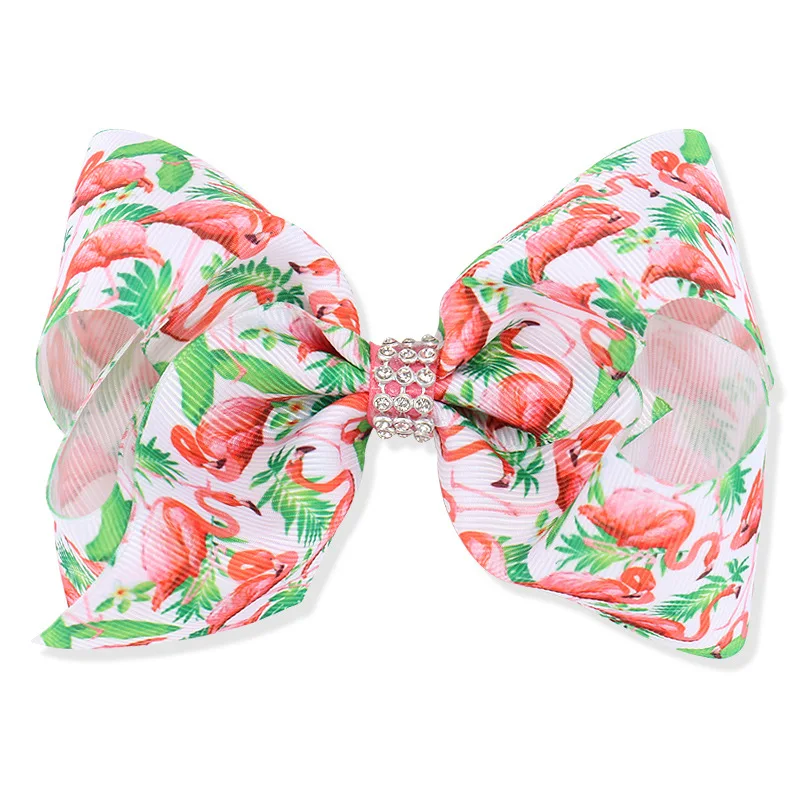 

10Pcs/lot 5inches Boutique Flamingo Printing Ribbon Bow Hair Clipwith rhinestone For Kids Hair Accessories Hair Clips