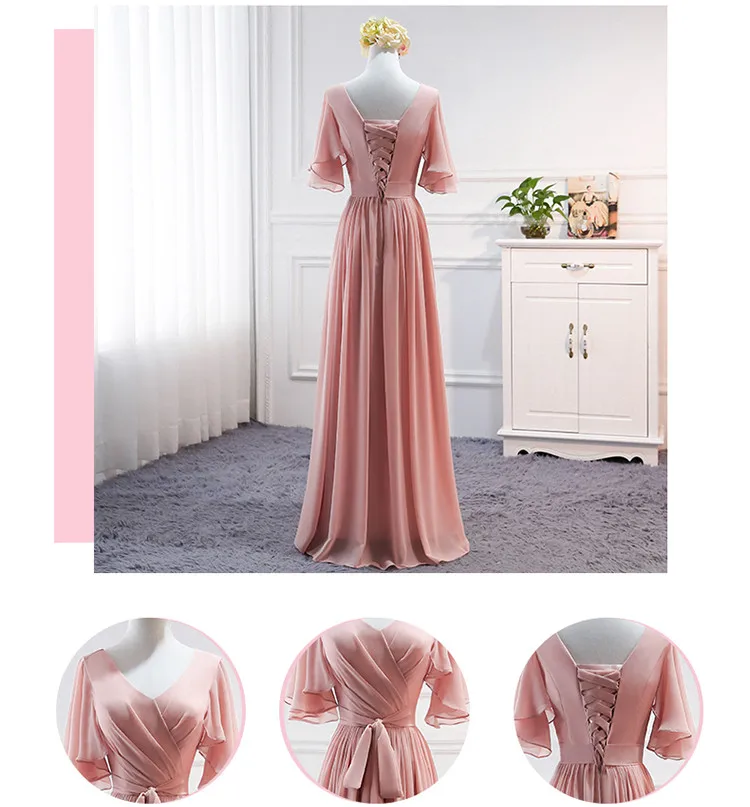 Robe De Soriee Новое пыльное розовое платье подружки невесты длиной до пола с v-образным вырезом с коротким рукавом А-силуэта Элегантное свадебное платье для невесты