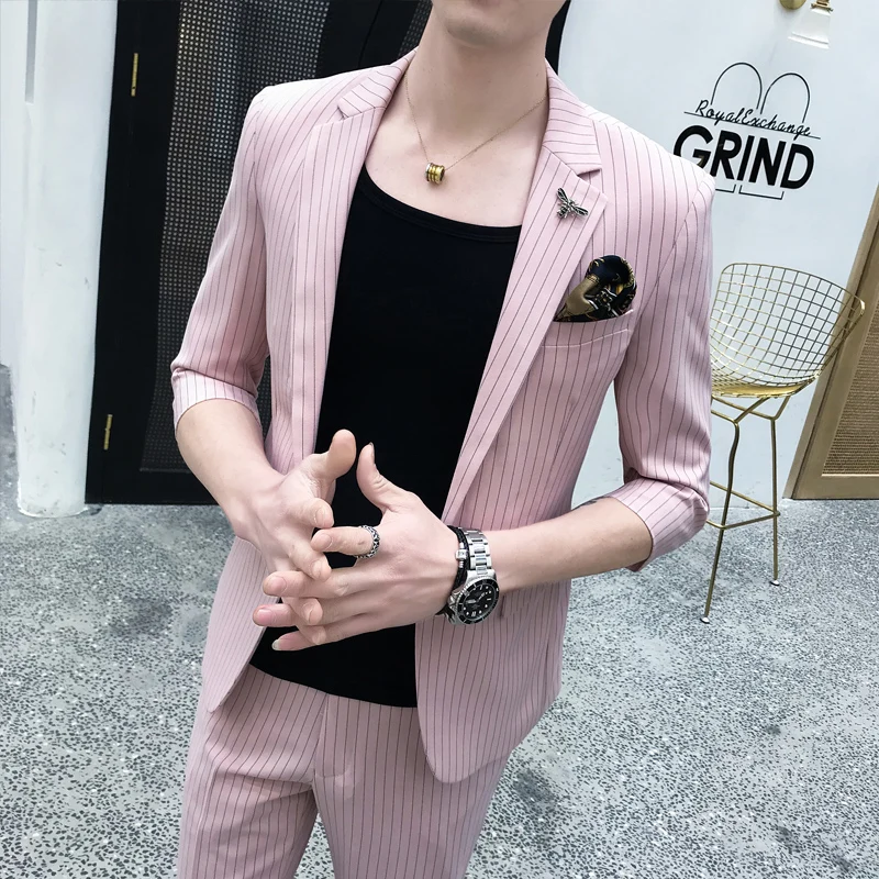 (Топ + брюки) Летний Новый Стиль Парикмахерская полосатый рукав модный костюм