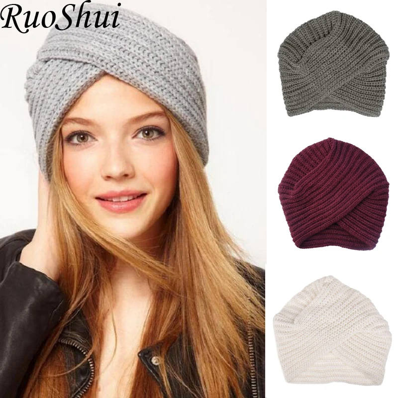 

Women Bohemian Style Warm Winter Autumn knitted Cap Fashion Boho Soft Hair Accessories Turban Solid Color Muslim hat Whole Sale