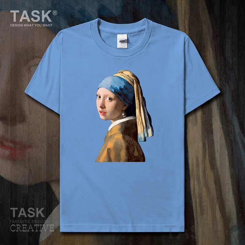 

Personality fashion oil painting mens t-shirt The Girl With APearl Earring retro print Short sleeve clothes cotton summer casual