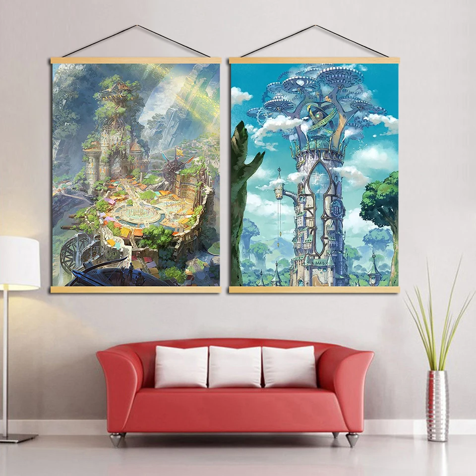 Nordic Scroll Modern Wall Art Ninokuni Pictures Canvas Solid Wood Game Hanging Painting Printed Kids Room Poster Home Decoration | Дом и сад