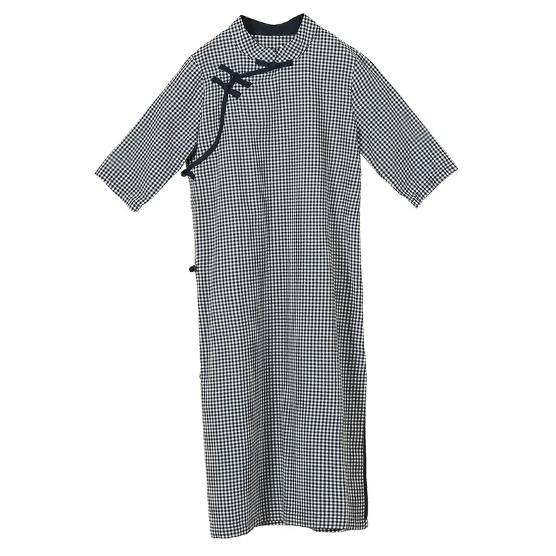 

LZJN Traditional Chinese Dress for Women 2020 Summer Midi Dress Half Sleeve Modern Plaid Cheongsam Oriental Qipao Vintage Robe