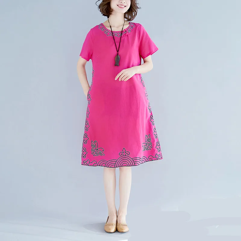 

Ethnic Style Women Casual Loose Short Sleeve Cotton Linen Dress New Elegant Floral Party Dresses Vestidos 2019 aa392