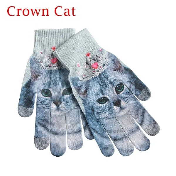 Crown Cat 1 пара, новинка, модные мужские и женские теплые перчатки, милый 3D принт, животные, фрукты, вязаные мягкие перчатки, зимние теплые шерстяные вязаные варежки - Цвет: Crown Cat