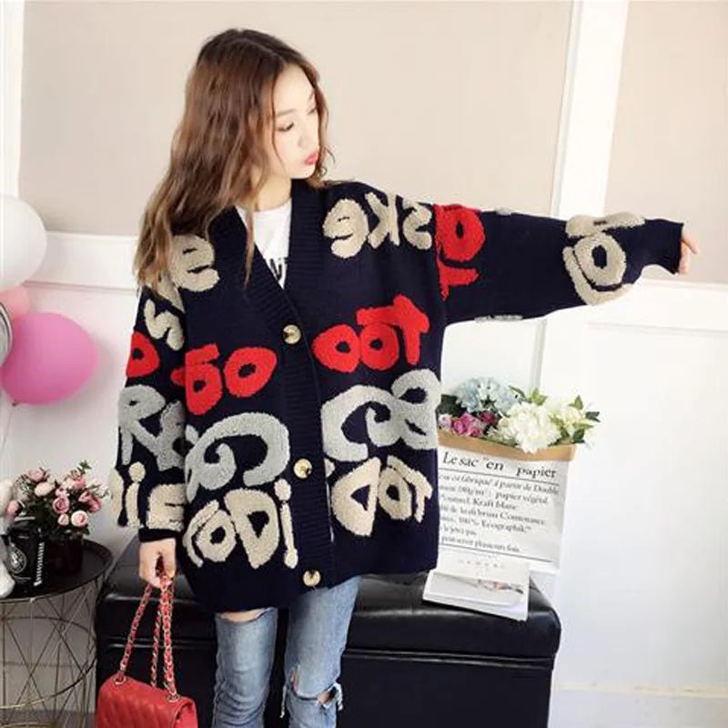 NavyBlue VANGULL Женский вязаный свитер с буквенным принтом Весна Осень корейский длинный рукав однобортный толстый Свободный кардиган - Цвет: NavyBlue