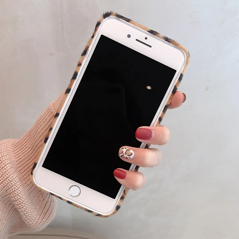 Модный плюшевый чехол с леопардовым принтом для iphone X XR XS Max зимний мягкий теплый 7