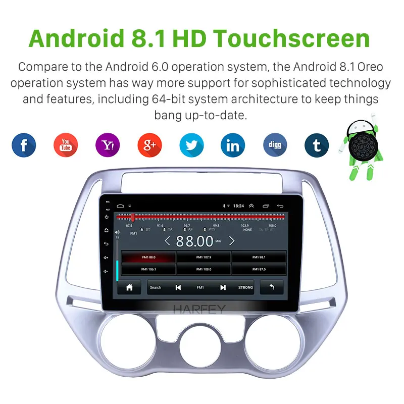 Harfey 9 дюймов Android 1 HD сенсорный экран GPS навигация радио для Hyundai i20 Руководство A/C 2012