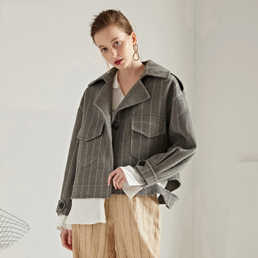 Короткое пальто для женщин серый полосатый 2018 осень модные укороченные s будущих