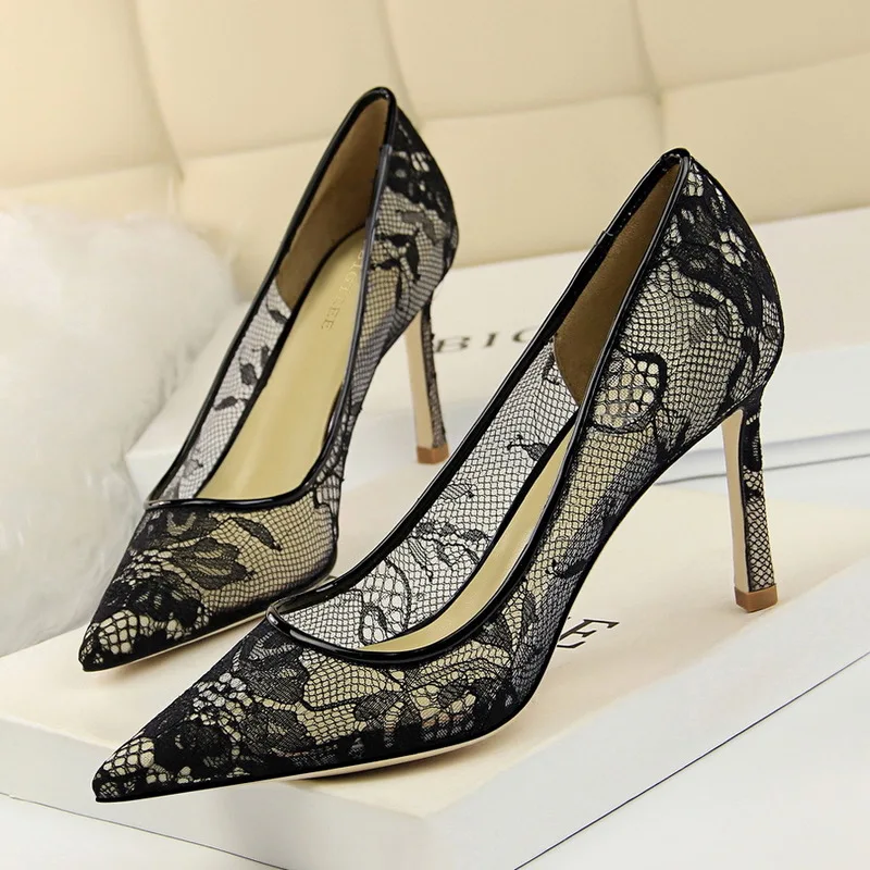 

Women Shoes Pumps Pointed Toe Mesh Lace 8.5CM thin High Heels Boat Wedding Dress Office Party Shoes