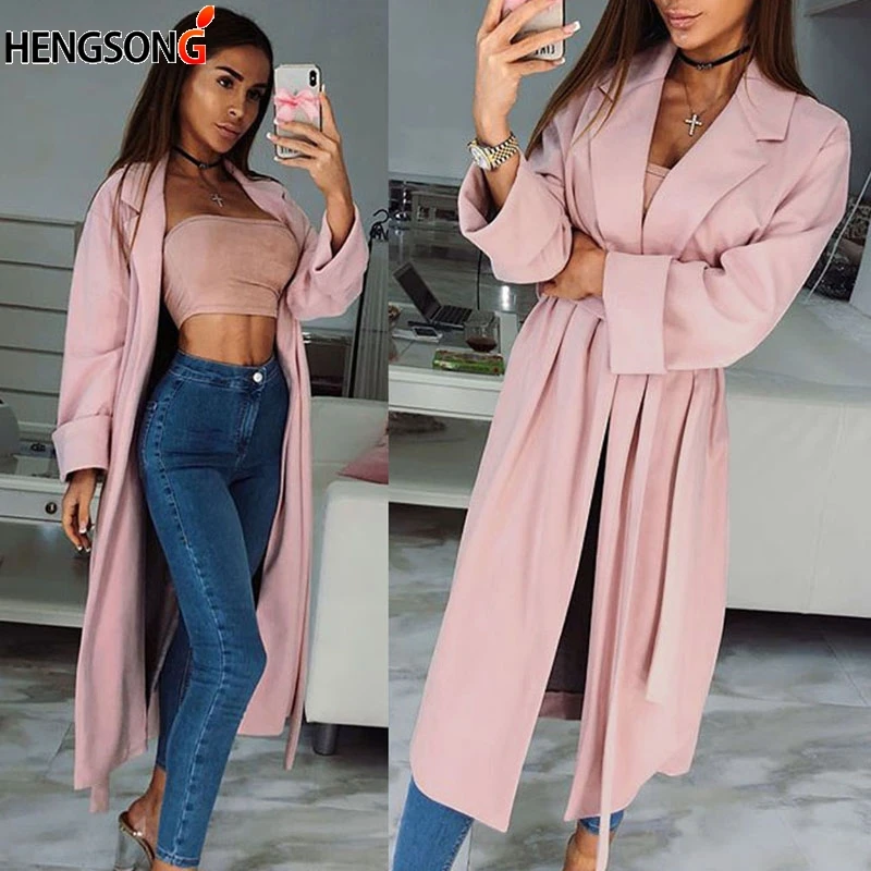 Женская ветровка Повседневная розовая Тренч Весна осень модная Длинная Верхняя