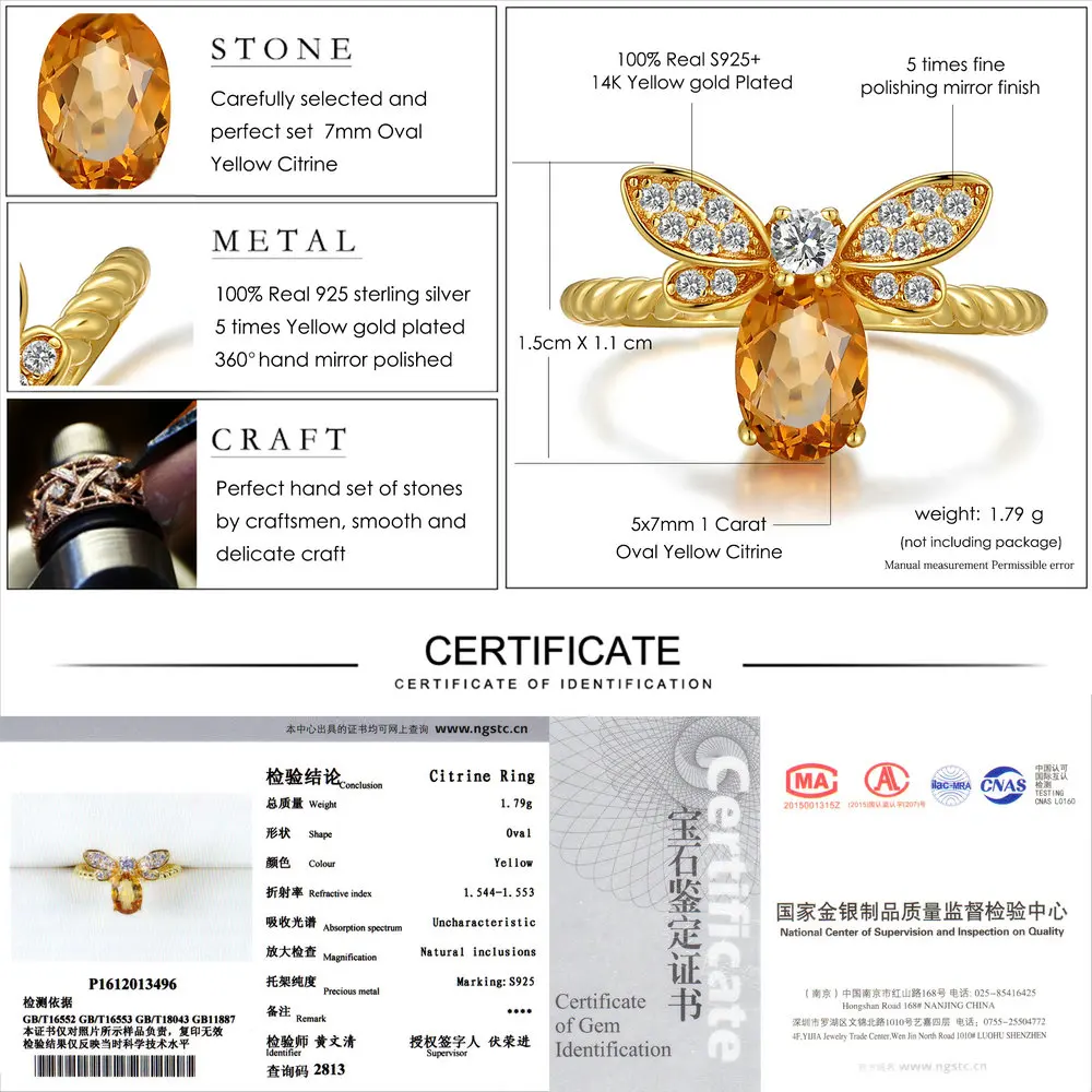 

LAMOON Cute Bee 925 Sterling Silver Ring 1ct Natural Citrine Gemstones Jewelry 14K Gold Plated Rings For Women Jewellery LMRI019