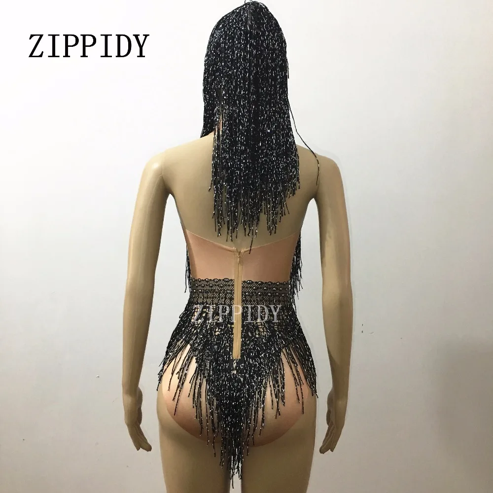Shining Black Tassel Bodysuit Nigthclub Rhinestones Outfit Glisten stones One-piece Headpiece Costume Stage Leotard Headdress