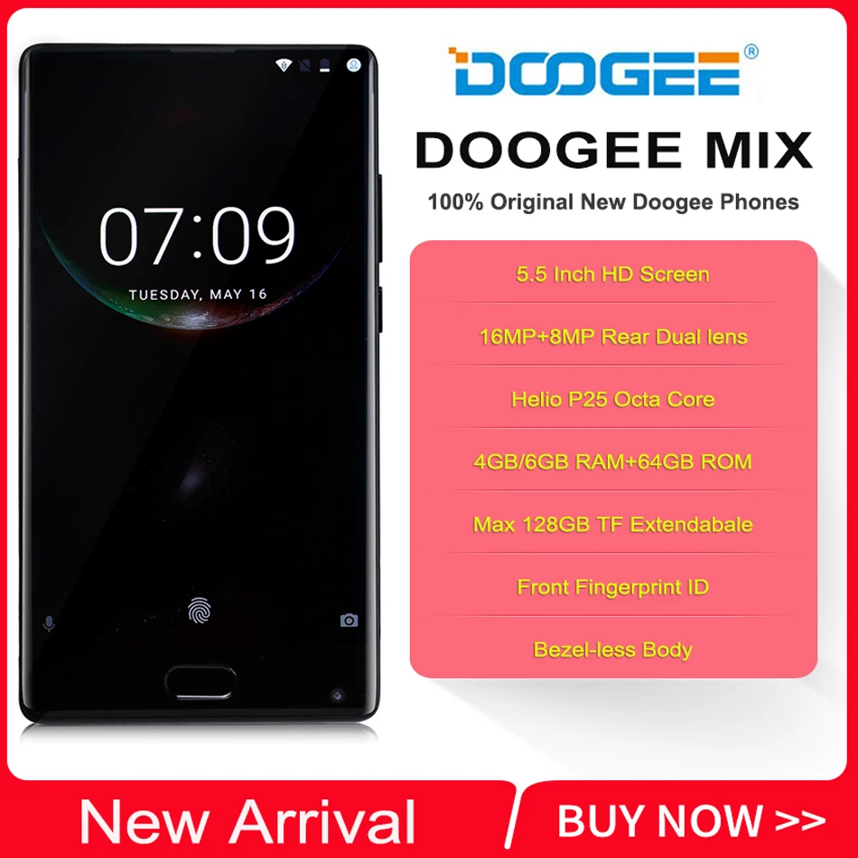 Doogee Mix 5 дюймов безрамочный 4G смартфон 4 Гб + 64 16MP двойная задняя камера Helio P25