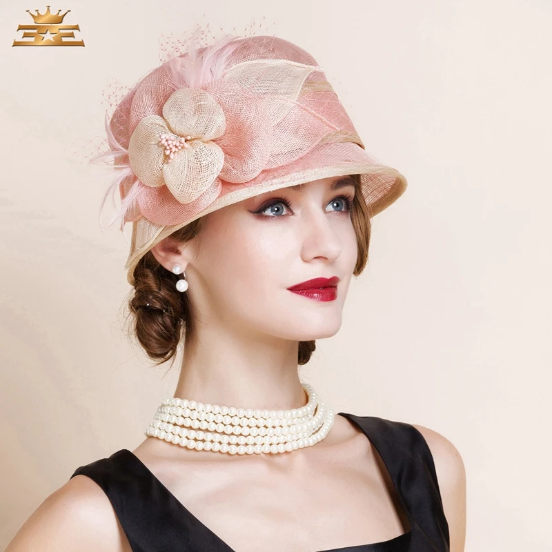 Lady Fashion Hat Women Elgant England Fedoras Linen Cap Ladies Spring Organza Sinamay Bucket Flower Fedora B-8146 | Аксессуары для