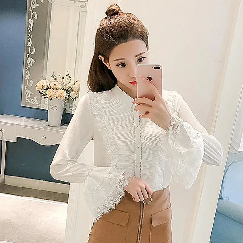 Белые рубашки для женщин с расклешенными рукавами обычный консервативный стиль