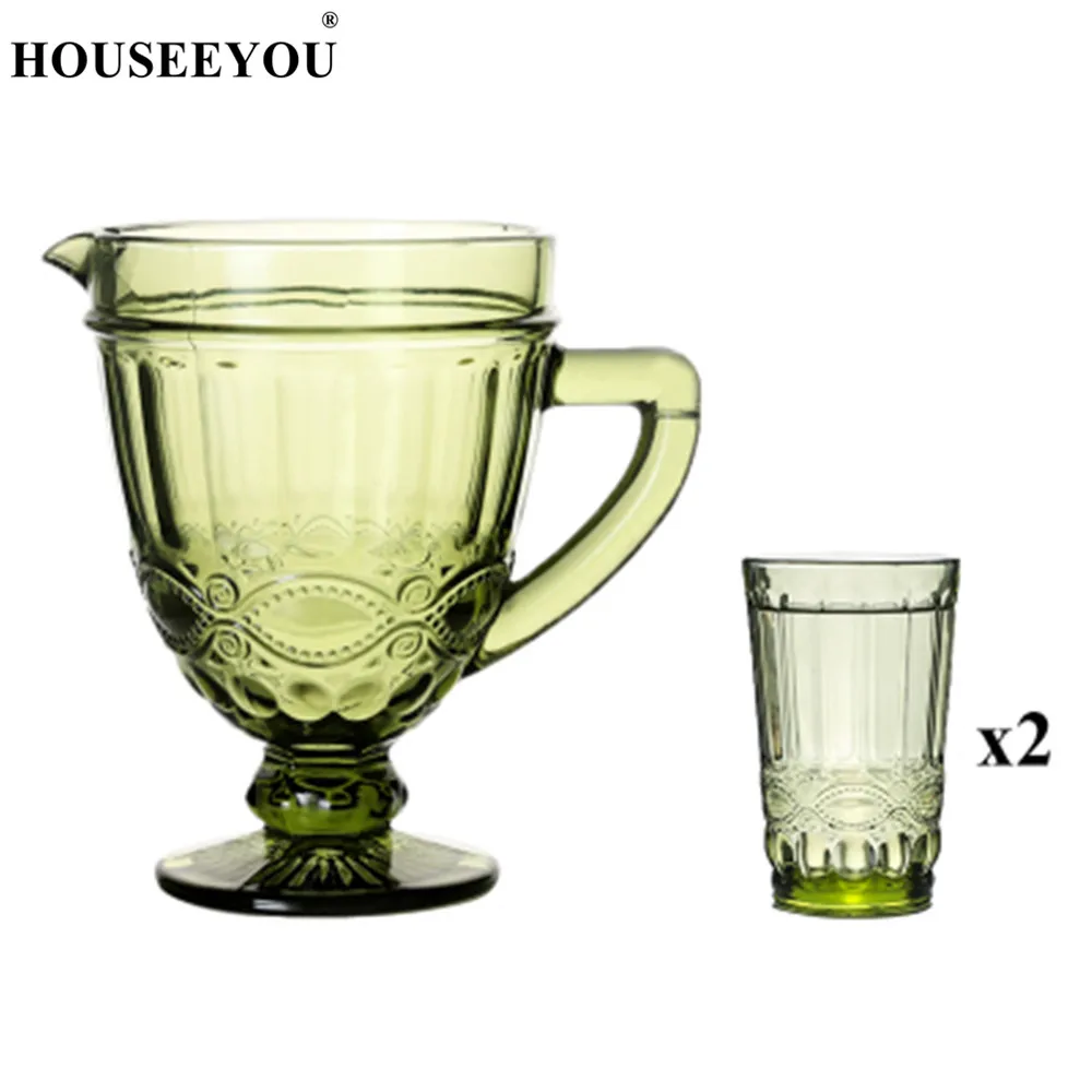 HOUSEEYOU 1 шт. кувшин для холодной воды+ 2 шт. резная стеклянная чашка Европейский ретро хрустальный дизайн стаканчик для воды и вина для питья Бар Ресторан инструменты - Цвет: Green Floral
