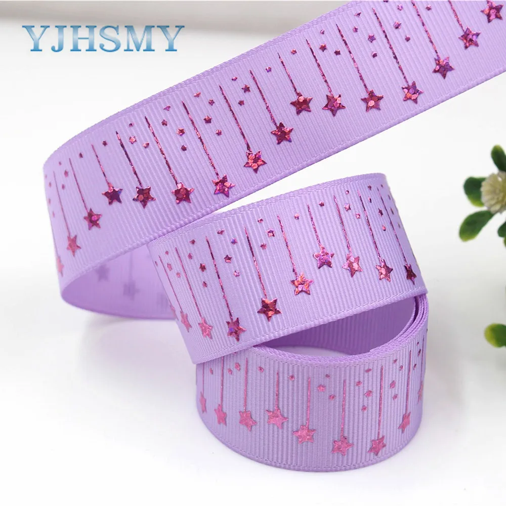 YJHSMY G-18609-399 25 мм 5 ярдов Лазерная Серебряная Звезда Любовь Печать grosgrain лента DIY