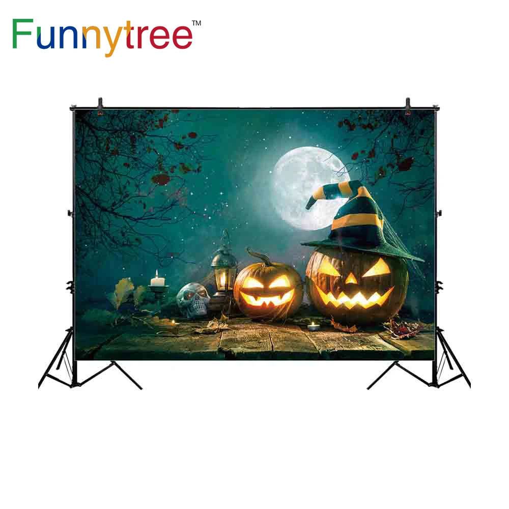 Фоны Funnytree для фотостудии ночное небо тыквы лес Хэллоуин кости свеча