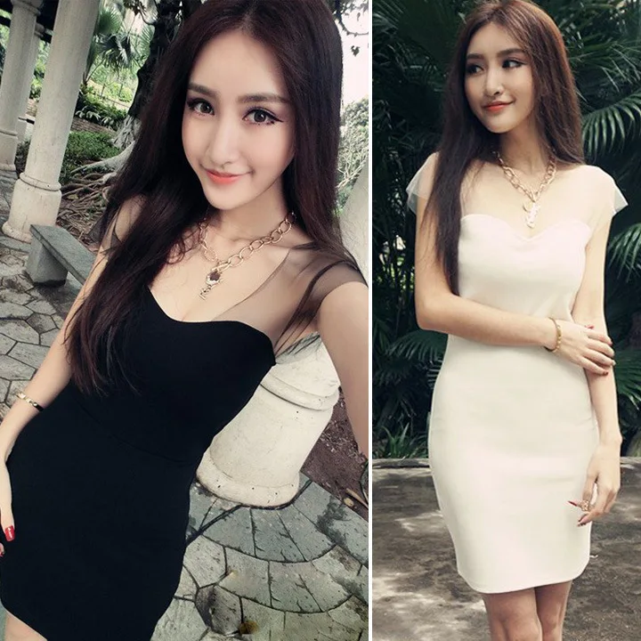 2015 summer style sexy nightclub mosaic shoulder mesh Joker short sleeve slim dress | Женская одежда
