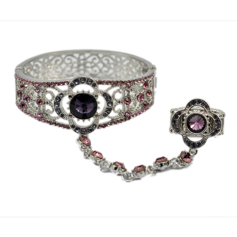 Браслет-манжета с кристаллами и цветами кольцом на палец | Украшения аксессуары