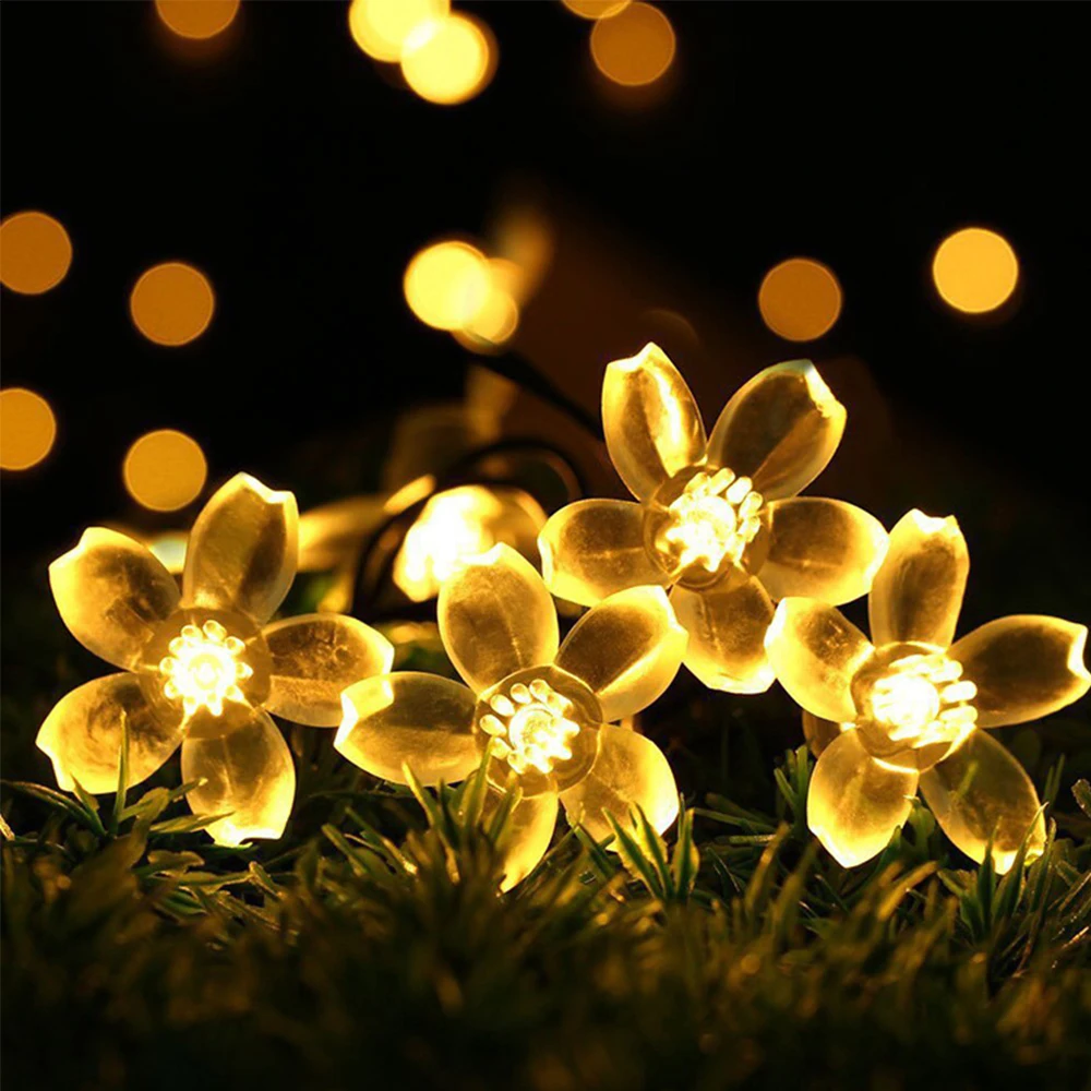 HUSUYUHU 50 LEDS Solar String Flowers Fairy Christmas Tree Light Party Wedding Peach Blossom Patio Outdoor Garland Led Lamp | Освещение