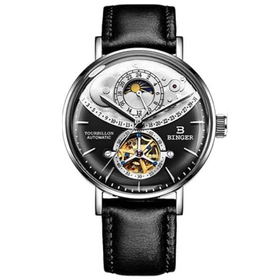 Black B10002 leather Швейцарские автоматические часы для мужчин Бингер Скелет Механические Мужские часы полная сталь сапфир Relogio Masculino водонепроницаемый reloj - Цвет: Black B10002 leather