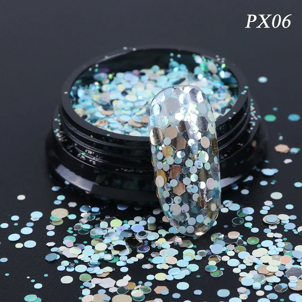 PX06 3D Блестки для ногтей, Смешанные Круглые шестигранники, блестящие голографические чешуйки для ногтей, Русалка, блестки, акриловые, сделай сам, маникюрные советы, LAPX01-12 - Цвет: PX06