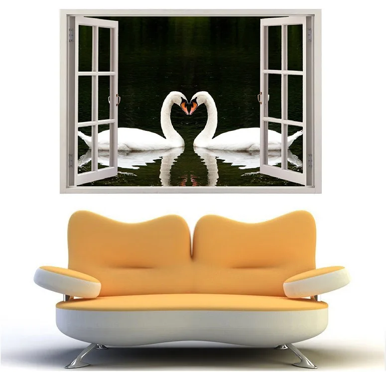 3D Effect Window View WALL STICKERS Couple Swans Vinyl Decal Decor Mural Kitchen Bathroom motorbike wall art | Дом и сад