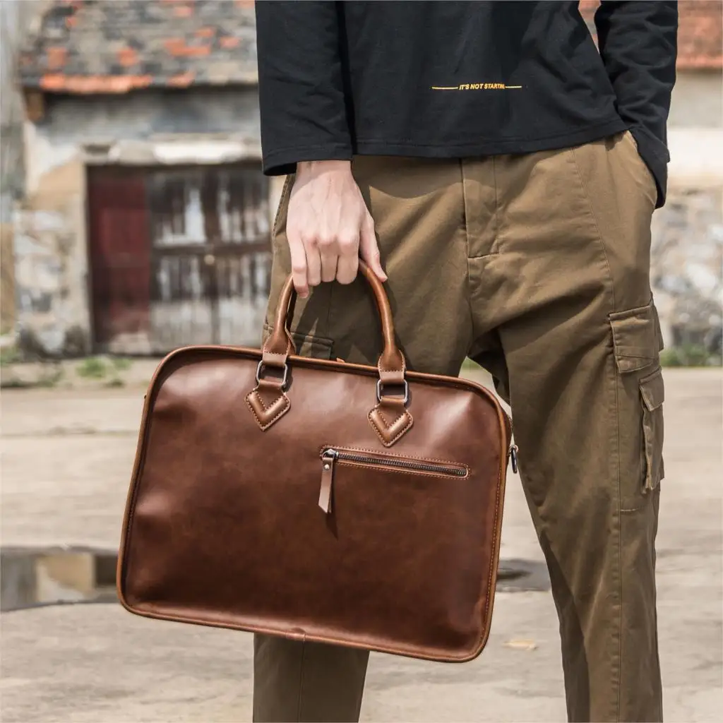 GUMST Crazy Horse PU Leather Men Briefcase Vintage 14 inch Big Business Laptop Handbag Fashion Brown Messenger Shoulder Bag Man