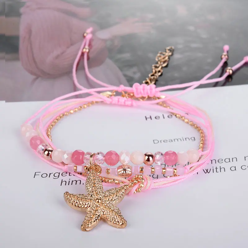 Pink Браслет ручной работы с регулируемой веревочкой, сделай сам, ювелирный подарок, бохо, хрустальные бусины, морская звезда, морская звезда, браслеты с подвесками для женщин - Окраска металла: Pink